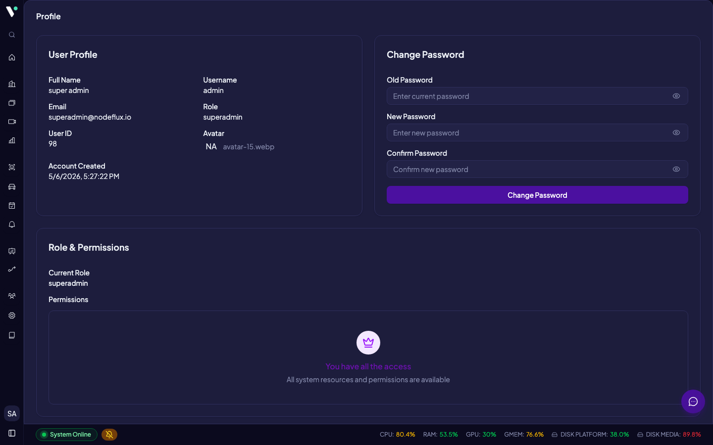 Halaman Account dengan kartu Profil Pengguna (read-only) dan kartu Ubah Kata Sandi.