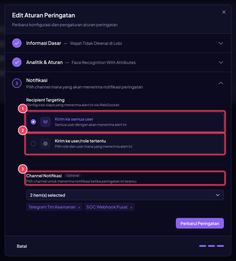 Langkah 3 — Notifikasi: (1) Kirim ke semua user menampilkan toast real-time pada setiap operator yang sedang membuka Lenz, (2) Kirim ke user/role tertentu mempersempitnya lewat Aturan Penerima berbasis Role atau User, (3) Channel Notifikasi memilih tujuan di luar dashboard (Telegram, Discord, Email, Webhook) dan boleh dikosongkan.