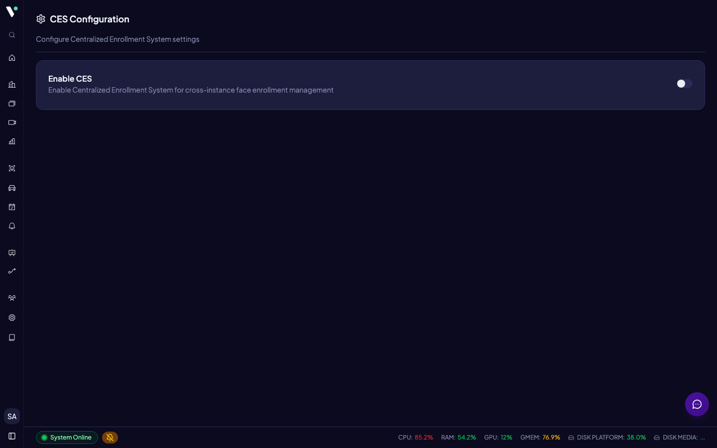 CES Configuration: toggle aktivasi, pemilih mode Master/Slave, kolom nama instance, dan tombol Konfirmasi Mode.
