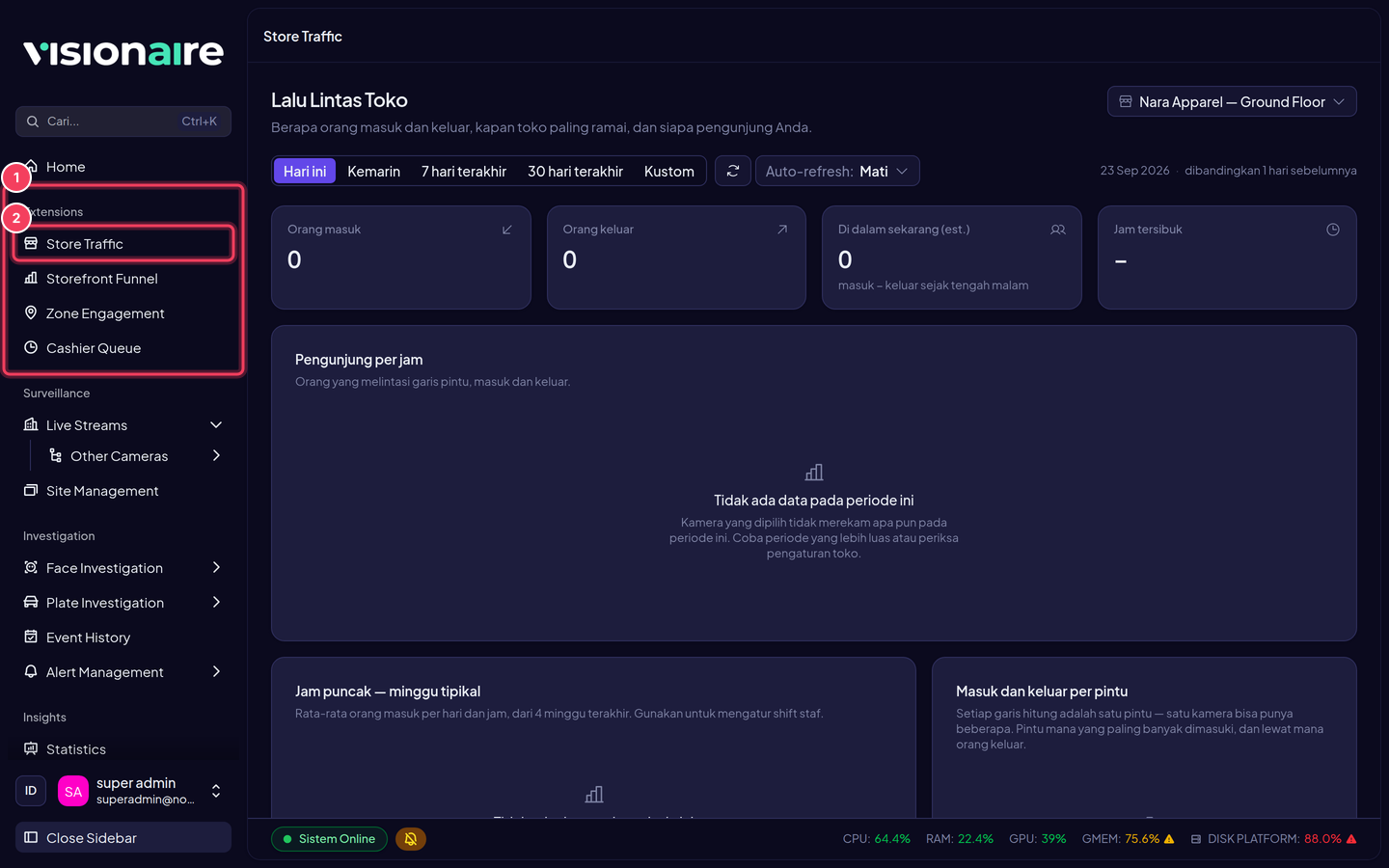 Extension yang terinstall tampil sebagai grup Extensions tepat di bawah Home (1). Klik salah satunya (2) untuk membuka halamannya di area konten Lenz — di sini halaman Store Traffic.