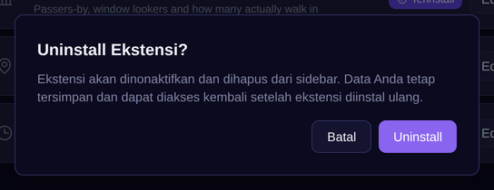 Konfirmasi Uninstall: extension dihapus dari sidebar, tetapi data milik extension tetap tersimpan dan kembali tersedia setelah diinstall ulang.