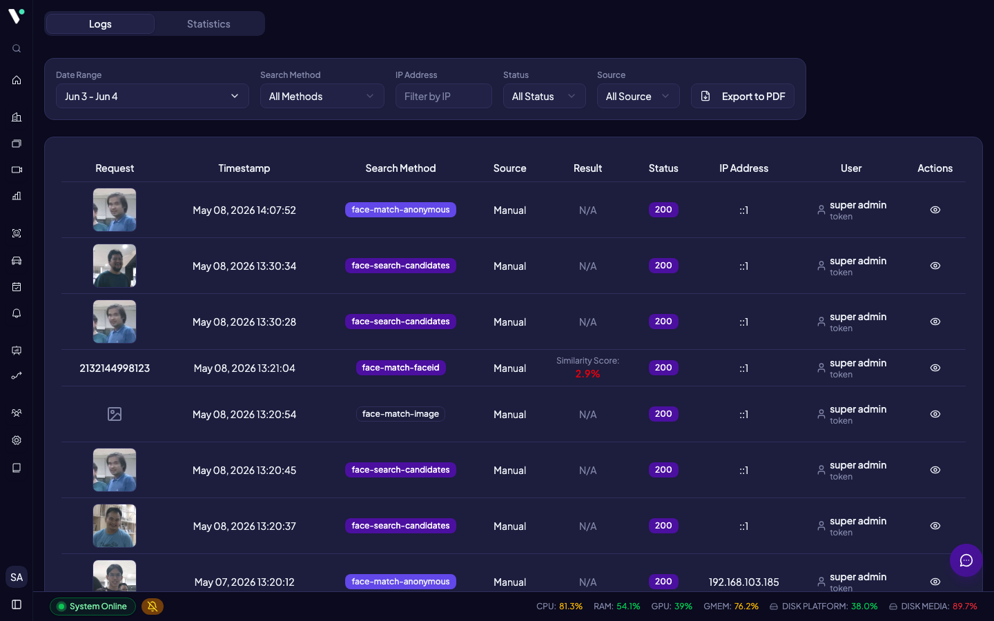 Halaman Face Search Logs menampilkan tabel audit trail dengan filter di bagian atas.