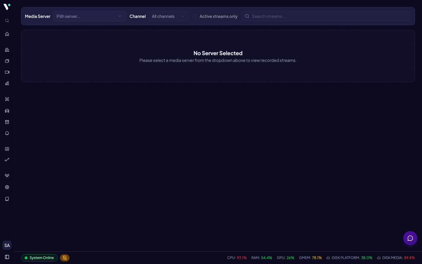 Halaman Recorded Streams: dropdown Media Server, filter Channel/Active, dan tabel stream dengan status live & arsip.