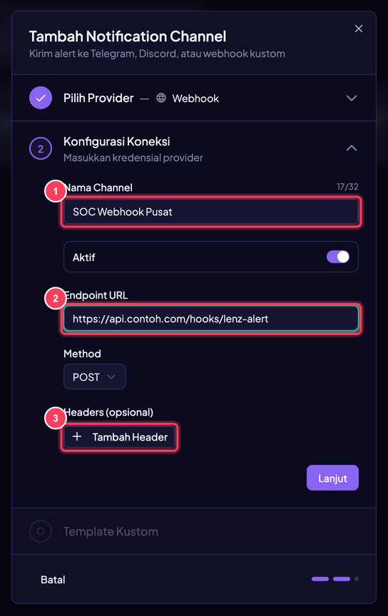 Langkah 2 — Konfigurasi Koneksi untuk provider Webhook: (1) Nama Channel (maksimal 32 karakter) beserta toggle Aktif, (2) Endpoint URL dan metode POST atau PUT, (3) Tambah Header menambahkan header HTTP, misalnya Authorization untuk endpoint yang terlindungi.