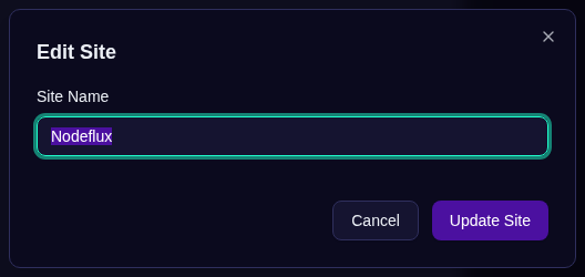 Dialog Edit Site — perbarui nama atau pindahkan site ke parent yang berbeda tanpa kehilangan stream yang sudah terhubung.