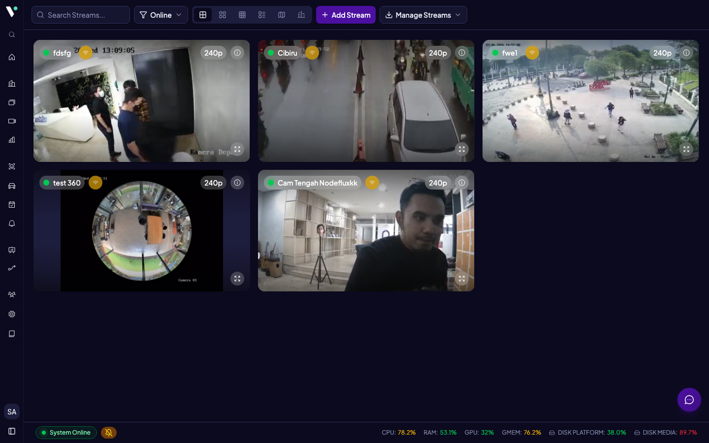 Halaman Streams menampilkan daftar kamera dengan filter dan toolbar di bagian atas.