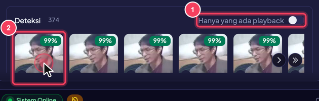 Blok Deteksi: (1) sakelar Hanya yang ada playback, (2) kartu deteksi dengan badge skor kepercayaan di kanan atas dan ikon ketersediaan rekaman di kiri bawah. Klik kartu untuk membuka playback.