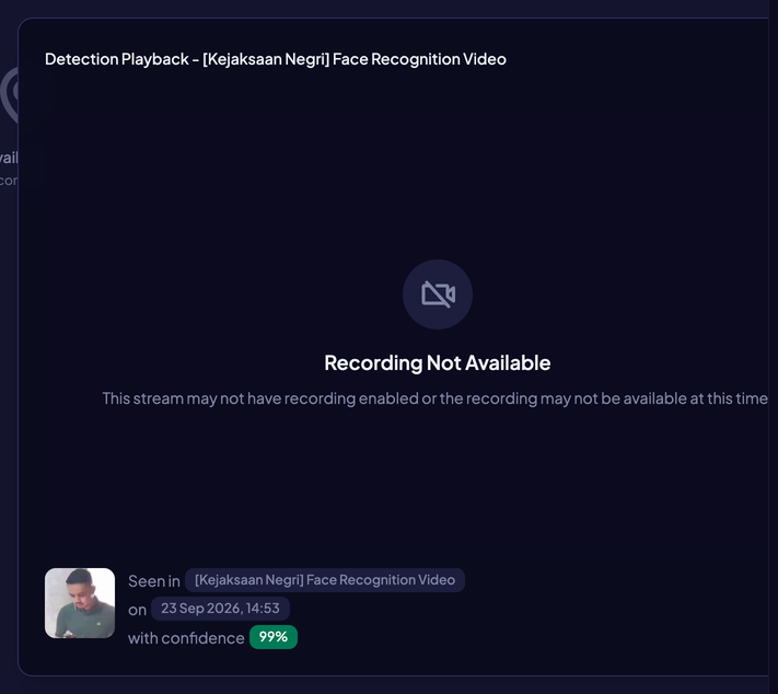 Panel Detection Playback: klip 90 detik yang dimulai 45 detik sebelum waktu deteksi, tombol Unduh untuk menyimpan klip, serta lokasi, waktu, dan skor kepercayaan deteksi di bawah pemutar.