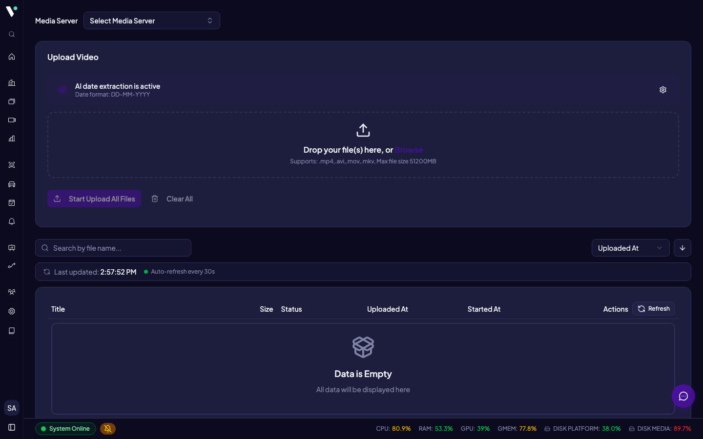 Komponen uploader: drag-drop file, ekstraksi timestamp otomatis, dan dialog konfirmasi duplikat.