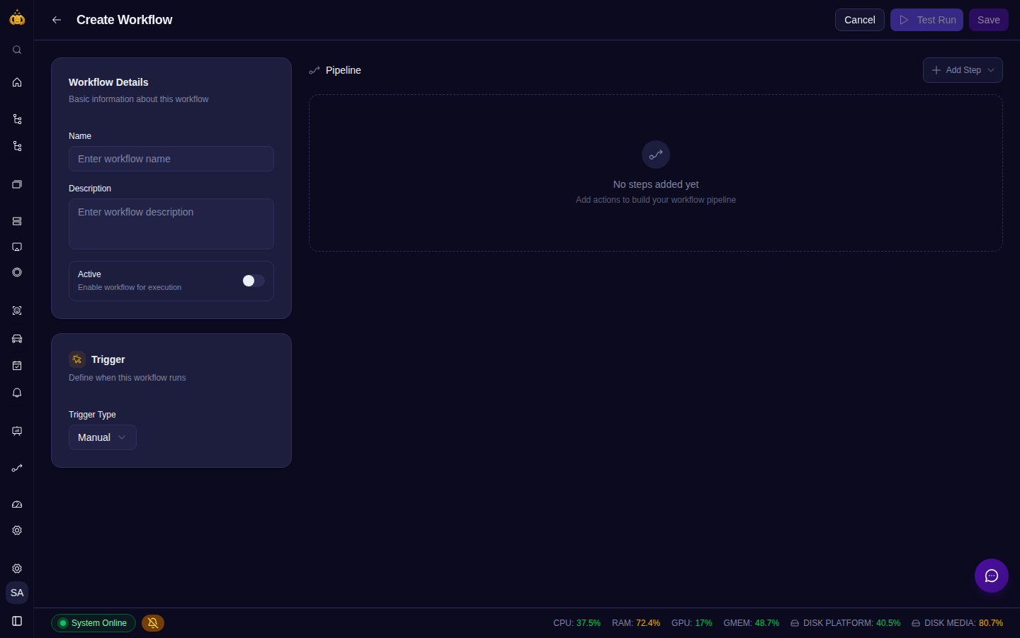 Form pembuatan Workflow: bagian Detail, pemilih Trigger (Manual/Schedule), dan editor Pipeline Action Node.